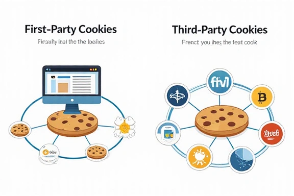 Illustration of first-party and third-party cookies represented by different colored cookies and data paths